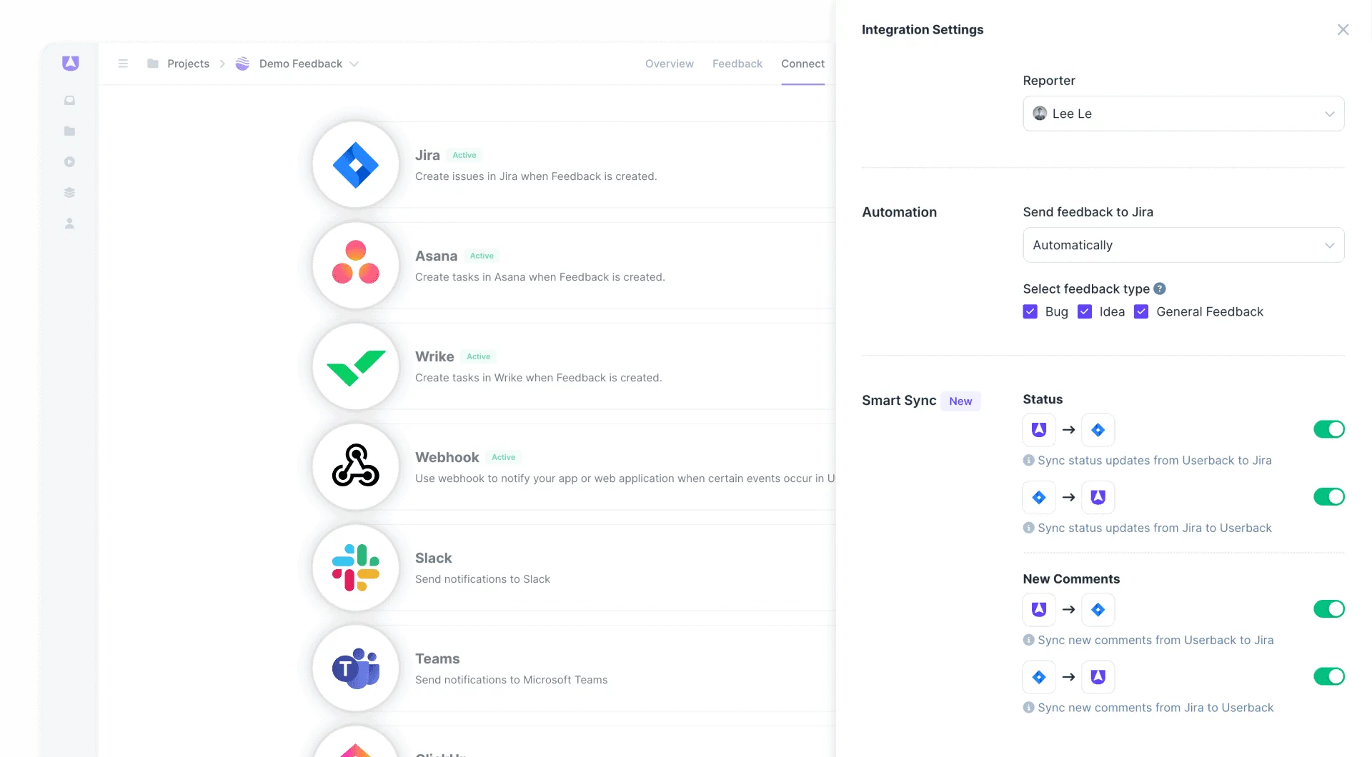 Userback integrations manage